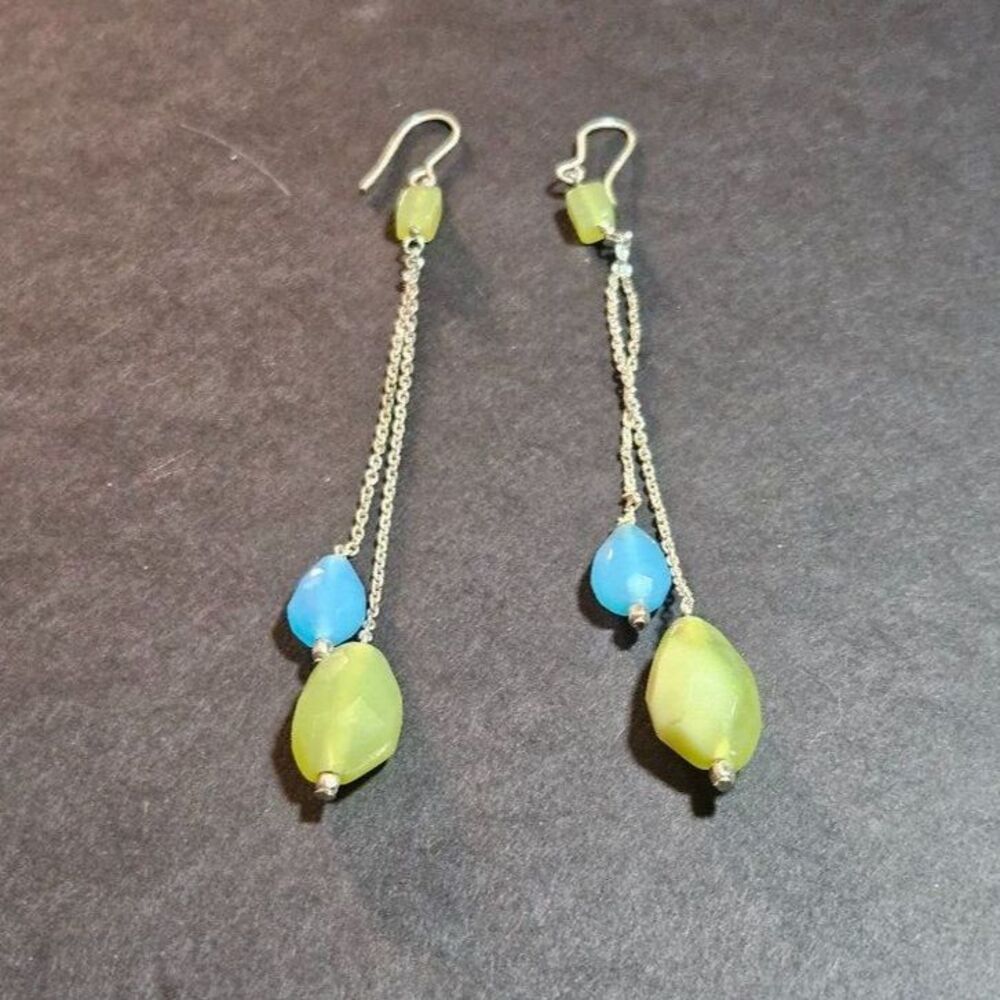 Silver tone long beaded earrings blue yellow